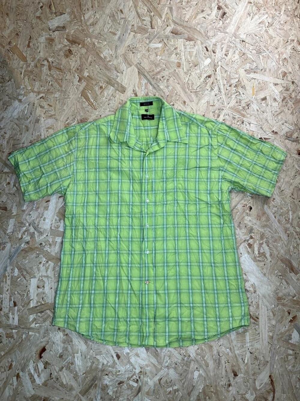 Ted Lapidus Shirt Mens XL Green Plaid Short Sleeve Button Up 100% Cotton